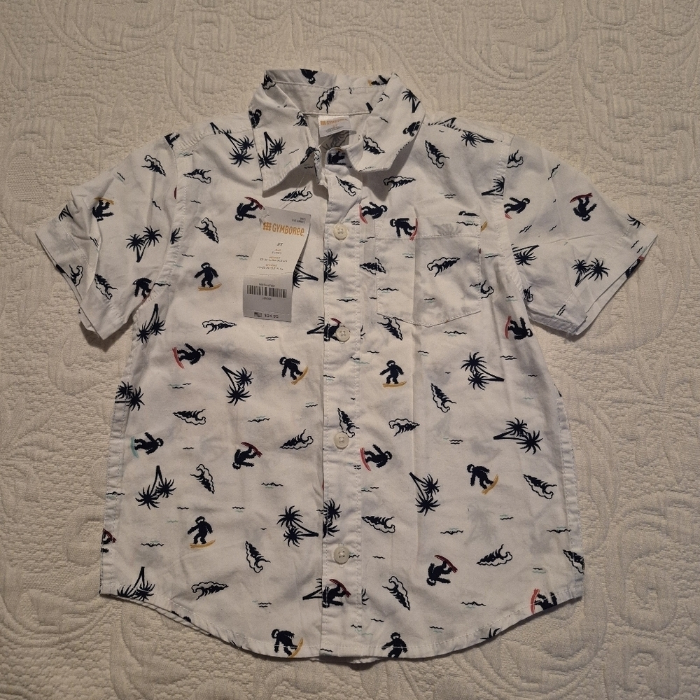 Gymboree boys size 2T Outlet white button up shirt with surf design & palm trees